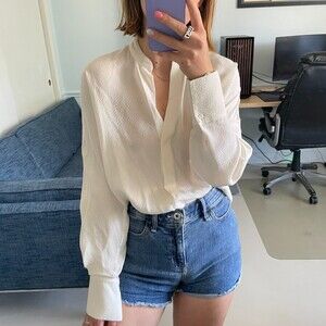 Vince Dot Embroidered Long Sleeve Button Front Blouse Off White XS